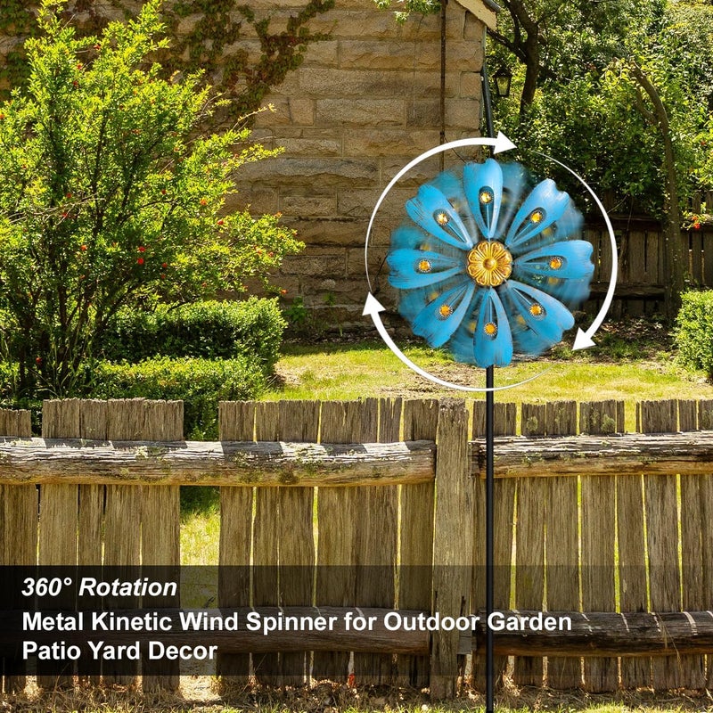 Senflame Flower Outdoor Metal Wind Spinner, Single-Layer Kinetic Garden Art with Vibrant Blue Finish - Weatherproof Wind Sculpture for Lawn, Patio, Yard Decor - 10''W x 36''H - Image 4